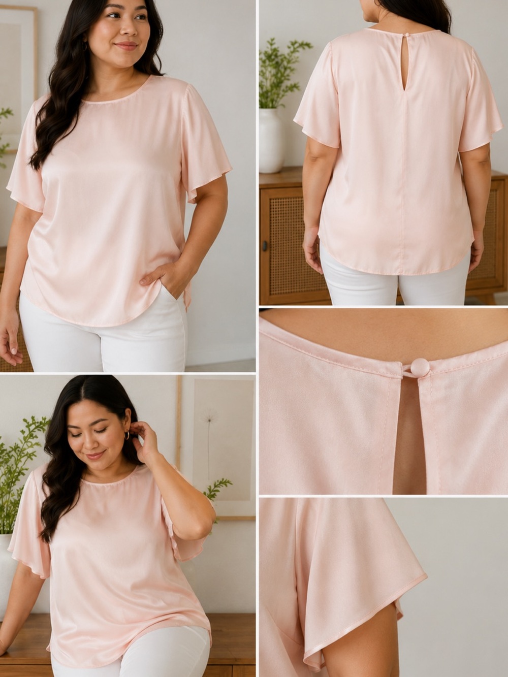 NWT 100% Silk Pink Blouse 1X Plus Size Flutter Sleeve Marguerite Li